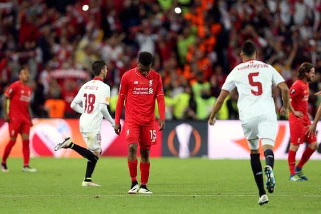 Liverpool forward Daniel Sturridge is dejected after Sevilla’s 2016 Europa League final victory (David Davies/PA)