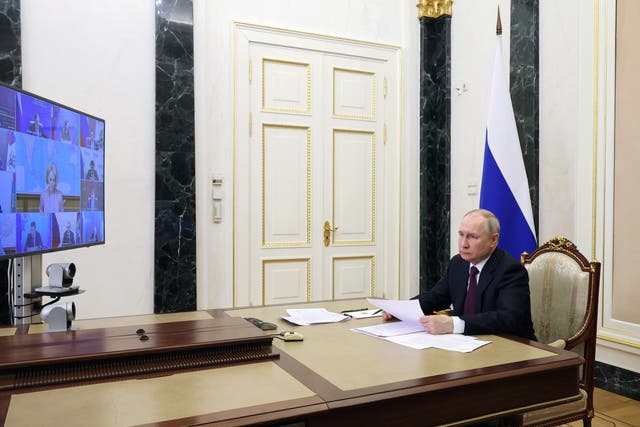 <p>Russian president Vladimir Putin chairs a meeting with members of the government, via a video conference in Moscow, Russia</p>