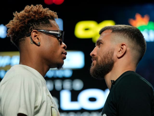 <p>Devin Haney (left) faces off with Vasiliy Lomachenko ahead of their title fight</p>