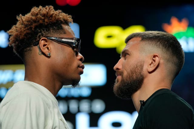 <p>Devin Haney (left) faces off with Vasiliy Lomachenko ahead of their title fight</p>