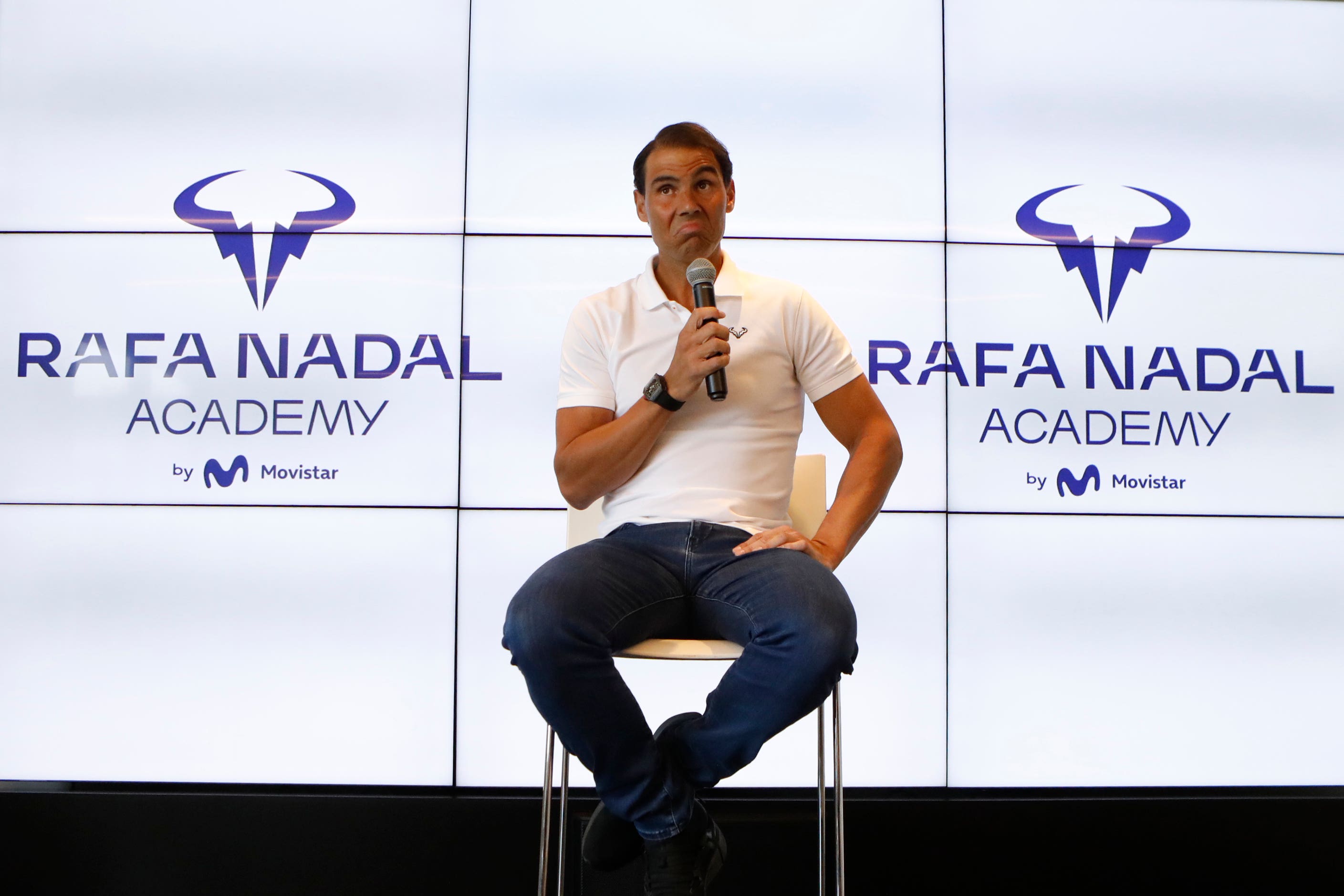 Rafael Nadal speaks during a press conference at his tennis academy in Majorca (Francisco Ubilla/AP)