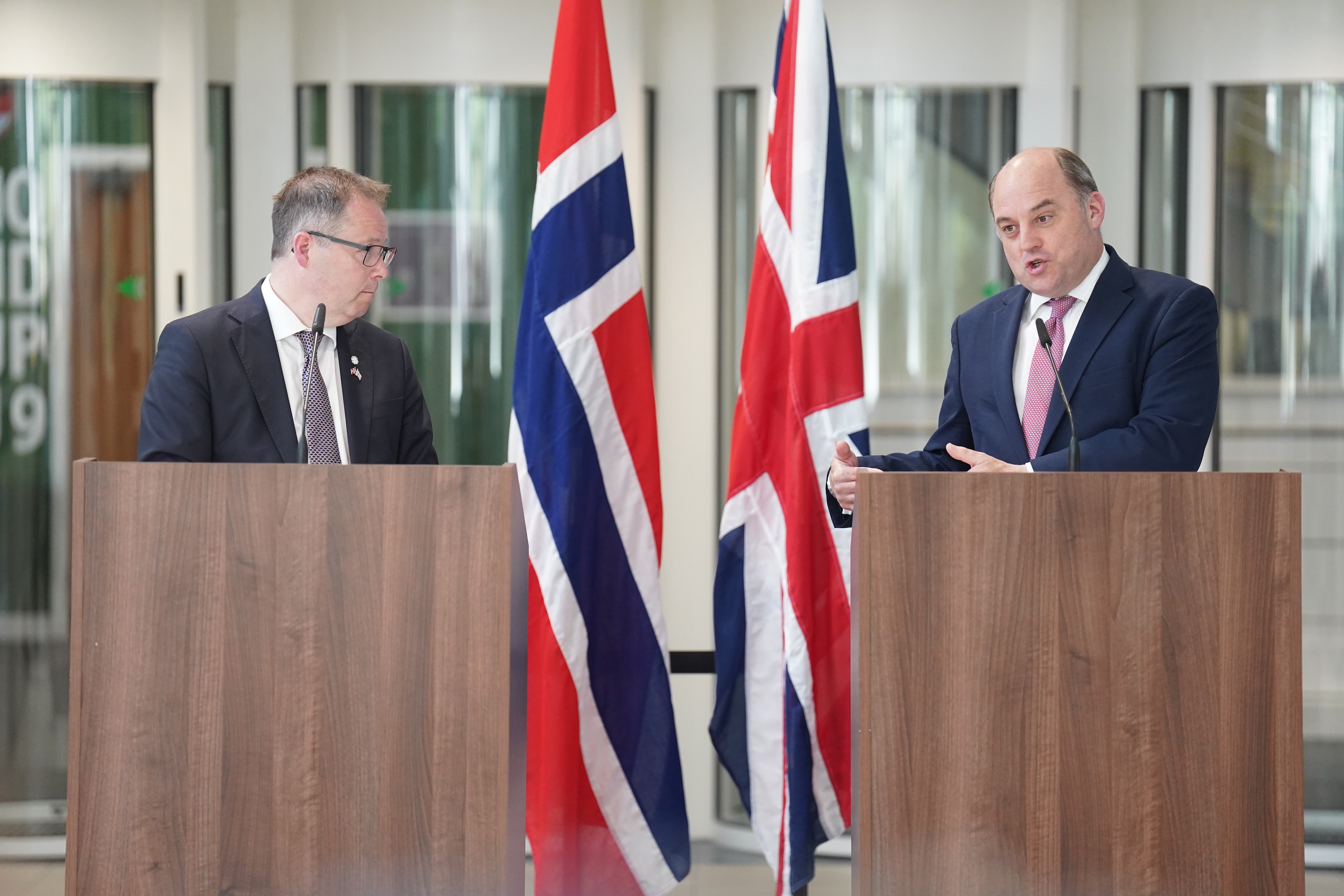 Defence Secretary Ben Wallace during a press conference with Norwegian defence minister Bjorn Arild Gram (James Manning/PA)