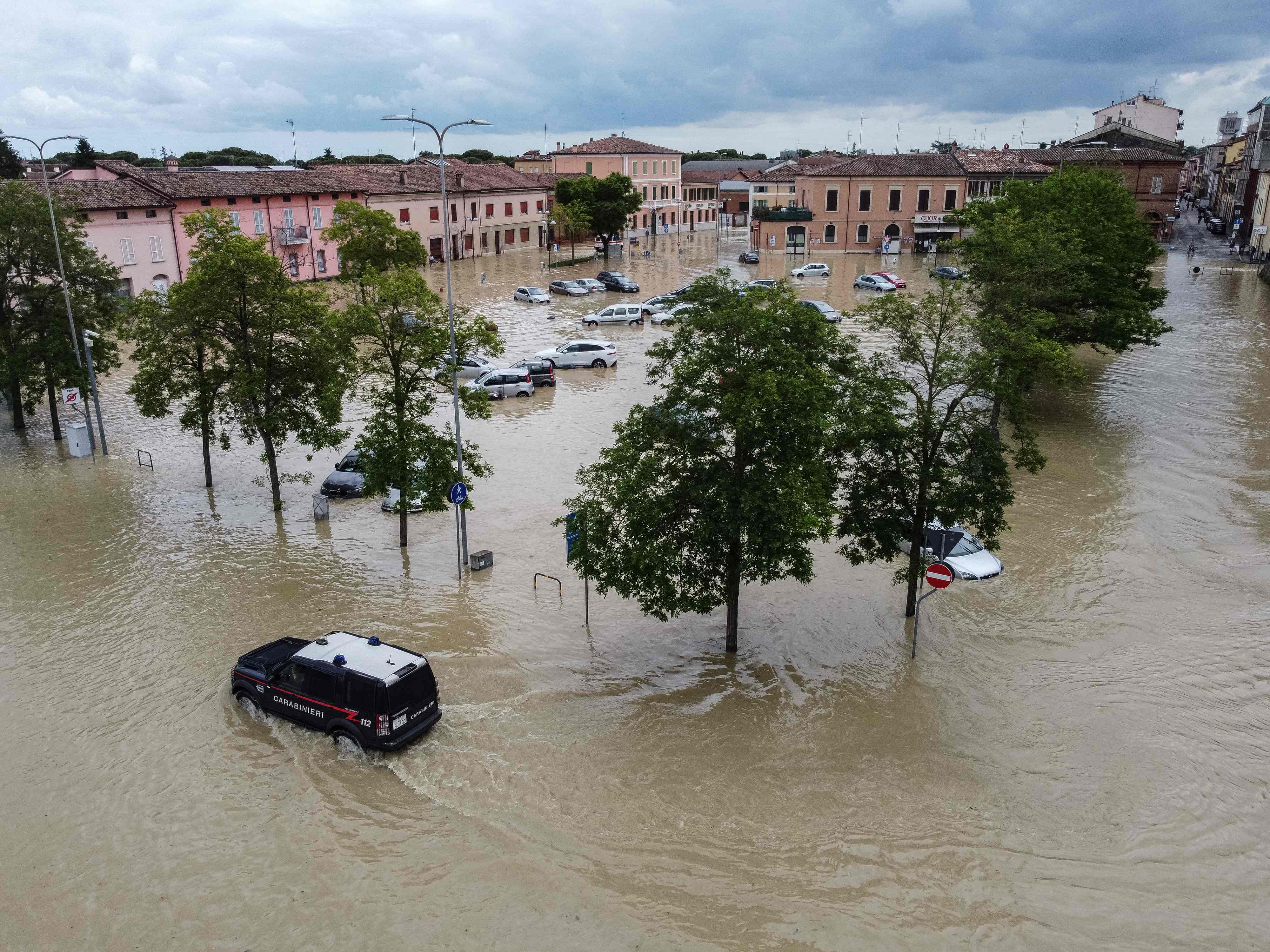 The flooded town square in Lugo, near Ravenna, northern Italy on Thursday