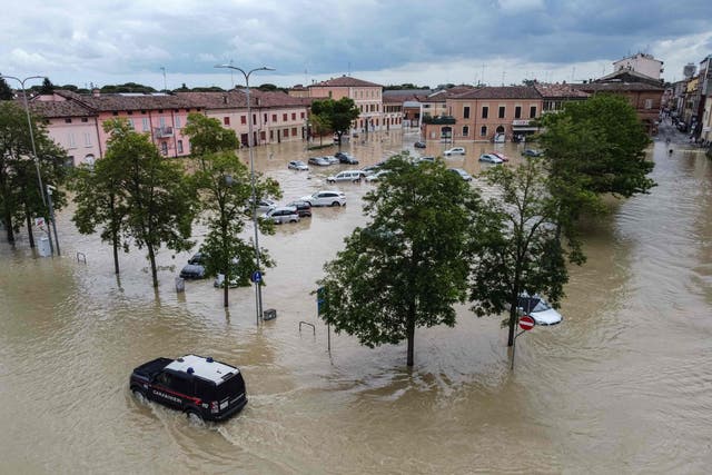<p>The flooded town square in Lugo, near Ravenna, northern Italy on Thursday</p>