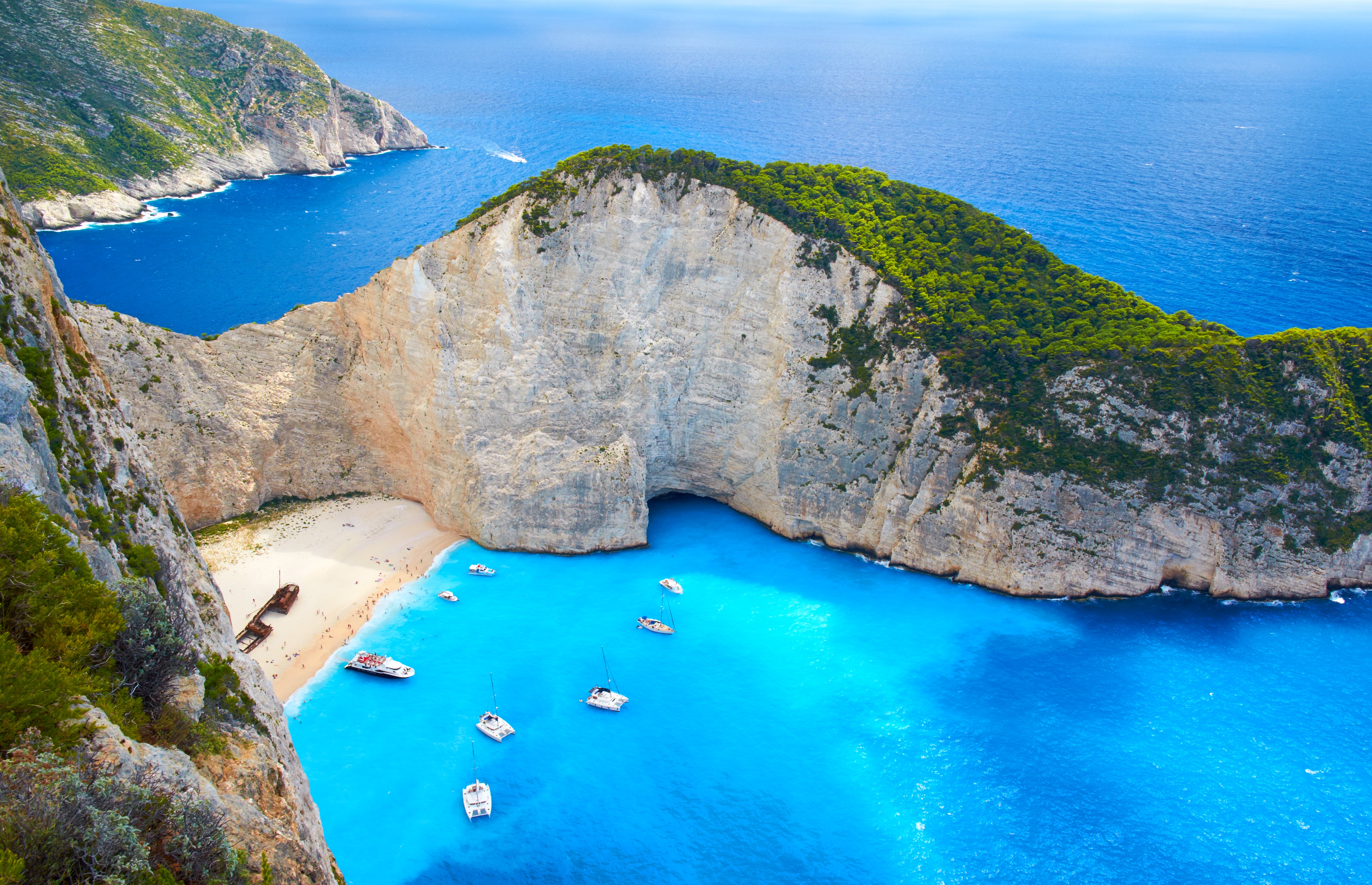 Navagio, or ‘Shipwreck Beach’, in Zakynthos features the wreck of the Panagiotis ship