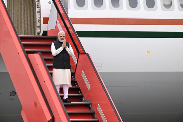 <p>File: Indian prime minister Narendra Modi disembarks his plane after he landed at Copenhagen Airport, Denmark, on 3 May 2022</p>
