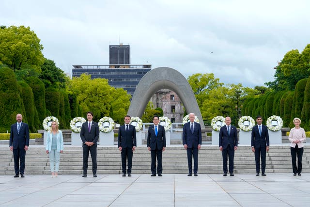 <p>President Joe Biden, fourth right, and other G7 leaders pose for a photo during a visit to the Hiroshima Peace Memorial  on Friday </p>