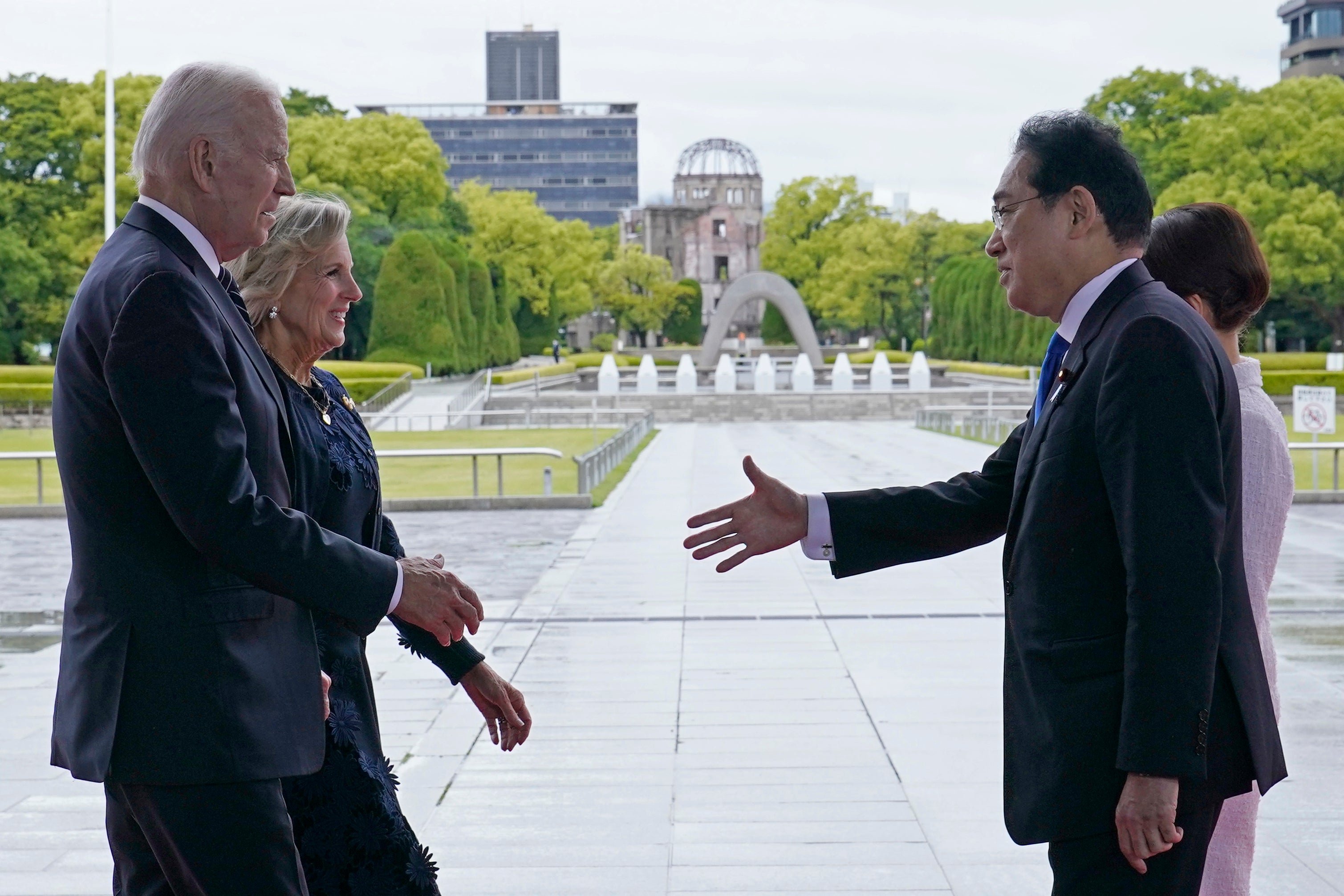 Joe Biden and Jill Biden welcomed by Japan’s Fumio Kishida and his wife Yuko Kishida at the Hiroshima Peace Memorial Park ahead of G7 meeting