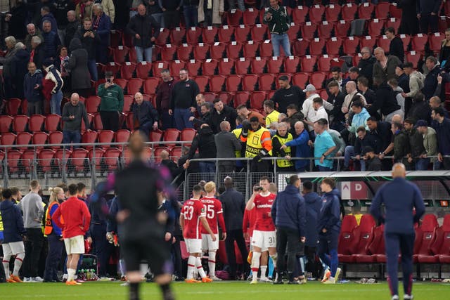 West Ham players clashed with AZ supporters after they tried to attack family and friends (Adam Davy/PA)