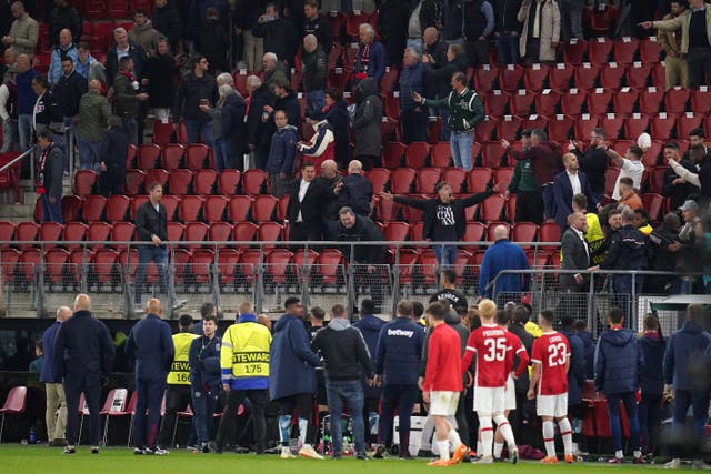 <p>Dutch police say there have been no arrests following the crowd trouble at the end of West Ham’s Europa Conference League semi-final at AZ Alkmaar (Adam Davy/PA)</p>