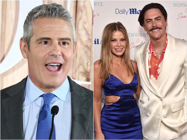 <p>Andy Cohen next to Vanderpump Rules stars Ariana Madix and Tom Sandoval </p>