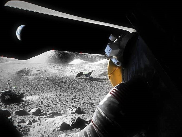 An artist’s concept of a suited Artemis astronaut looking out of a moon lander hatch across the lunar surface