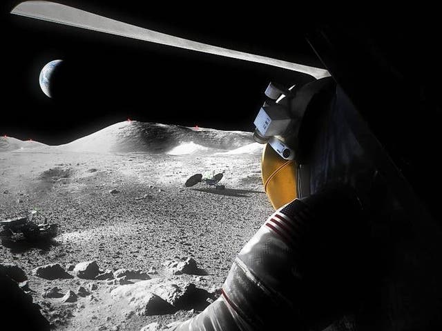 <p>An artist’s concept of a suited Artemis astronaut looking out of a moon lander hatch across the lunar surface</p>