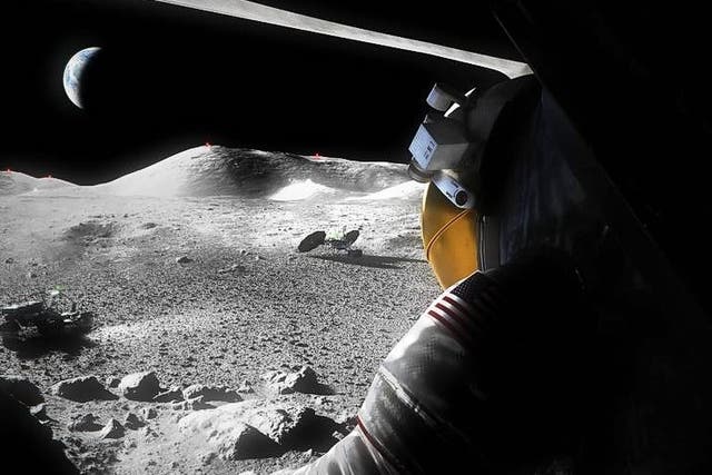 <p>An artist’s concept of a suited Artemis astronaut looking out of a moon lander hatch across the lunar surface</p>