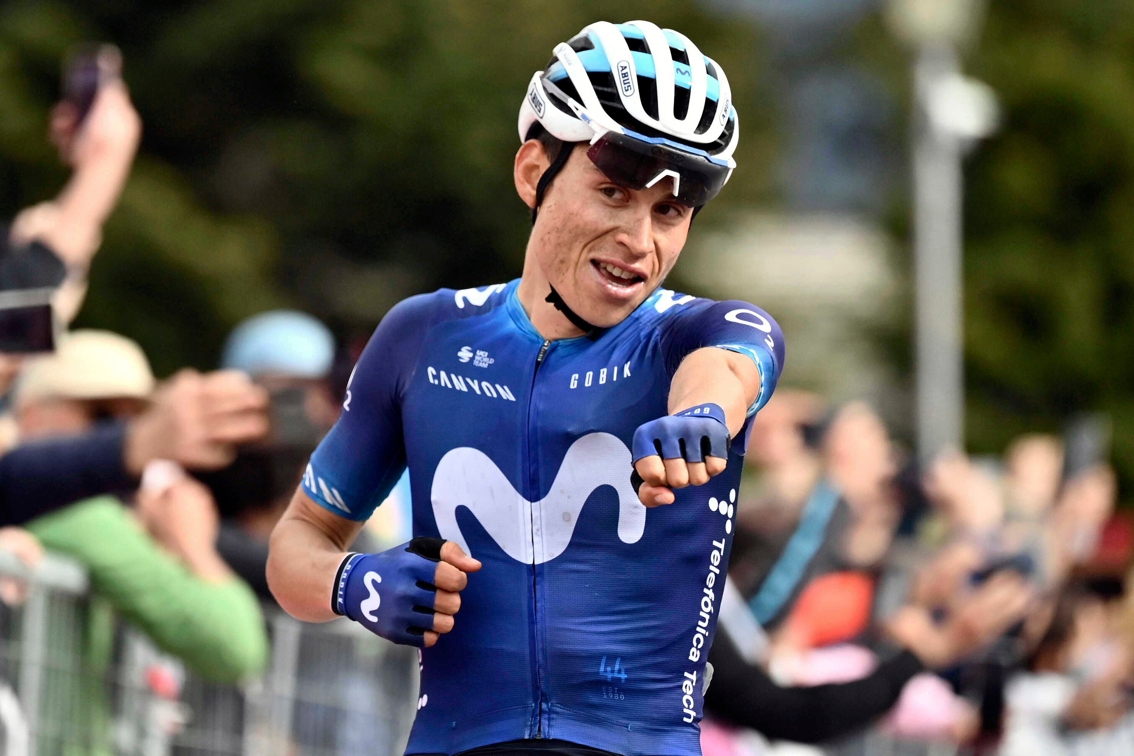 Colombia's Einer Rubio Reyes celebrates winning the 13rd stage