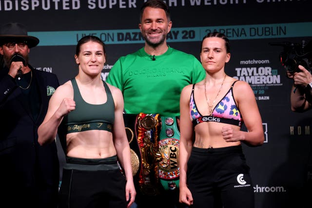 Katie Taylor, left, challenges Chantelle Cameron to establish the top women’s fighter in the 140lbs division (Damien Eagers/PA)
