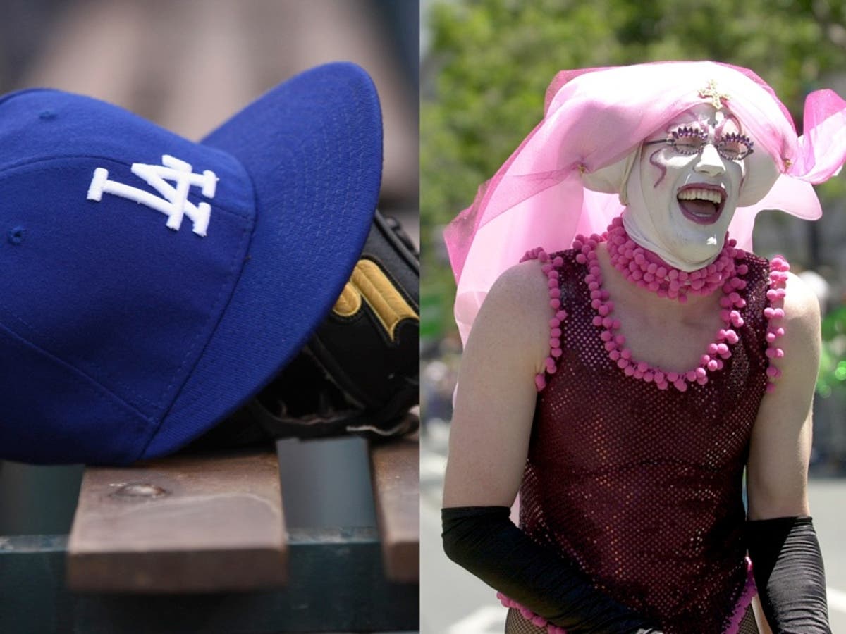 LOS ANGELES, CA - JUNE 16: A Dodgers hat on Pride day during the MLB game  between the San Francisco Giants and the Los Angeles Dodgers on June 16,  2023 at Dodger