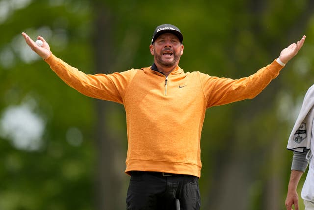 Michael Block reacts after his second round of 70 at the US PGA Championship (Eric Gay/AP)