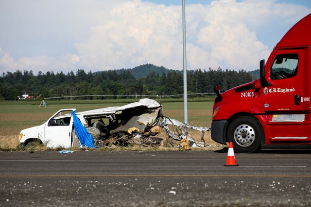 <p>A damaged vehicle sits on the side of the road on Interstate 5, Northbound on Thursday, May 18, 2023, in Marion County, Ore. </p>