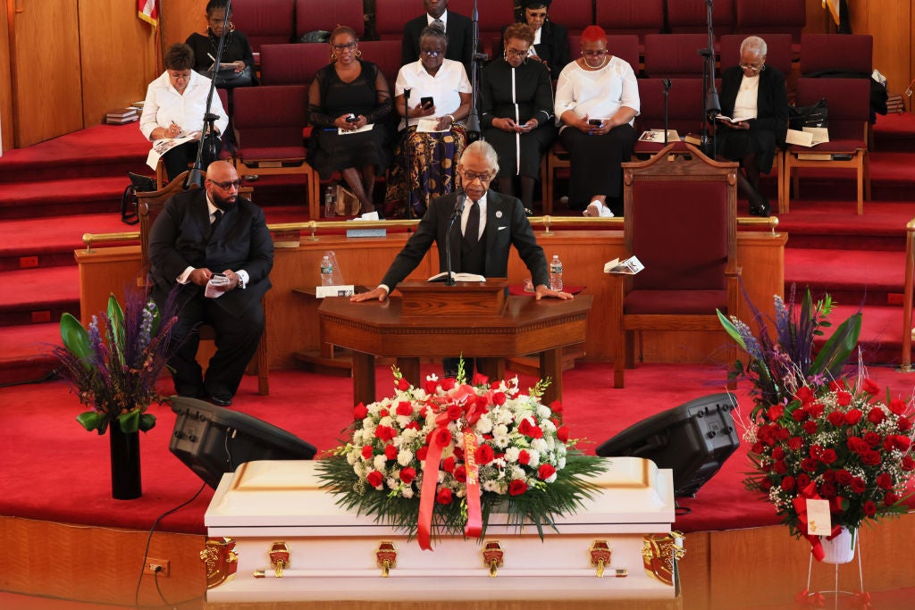 The Rev. Al Sharpton speaks during the public viewing and funeral service of Jordan Neely