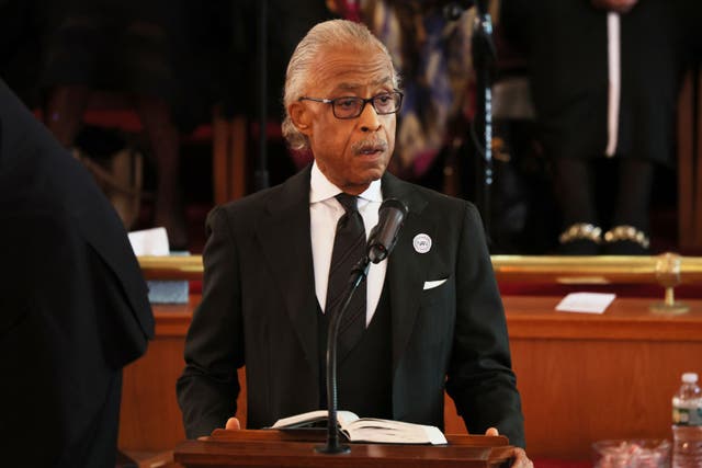 <p>Rev. Al Sharpton speaks during the funeral service of Jordan Neely at Mount Neboh Baptist Church on May 19, 2023 in New York City</p>