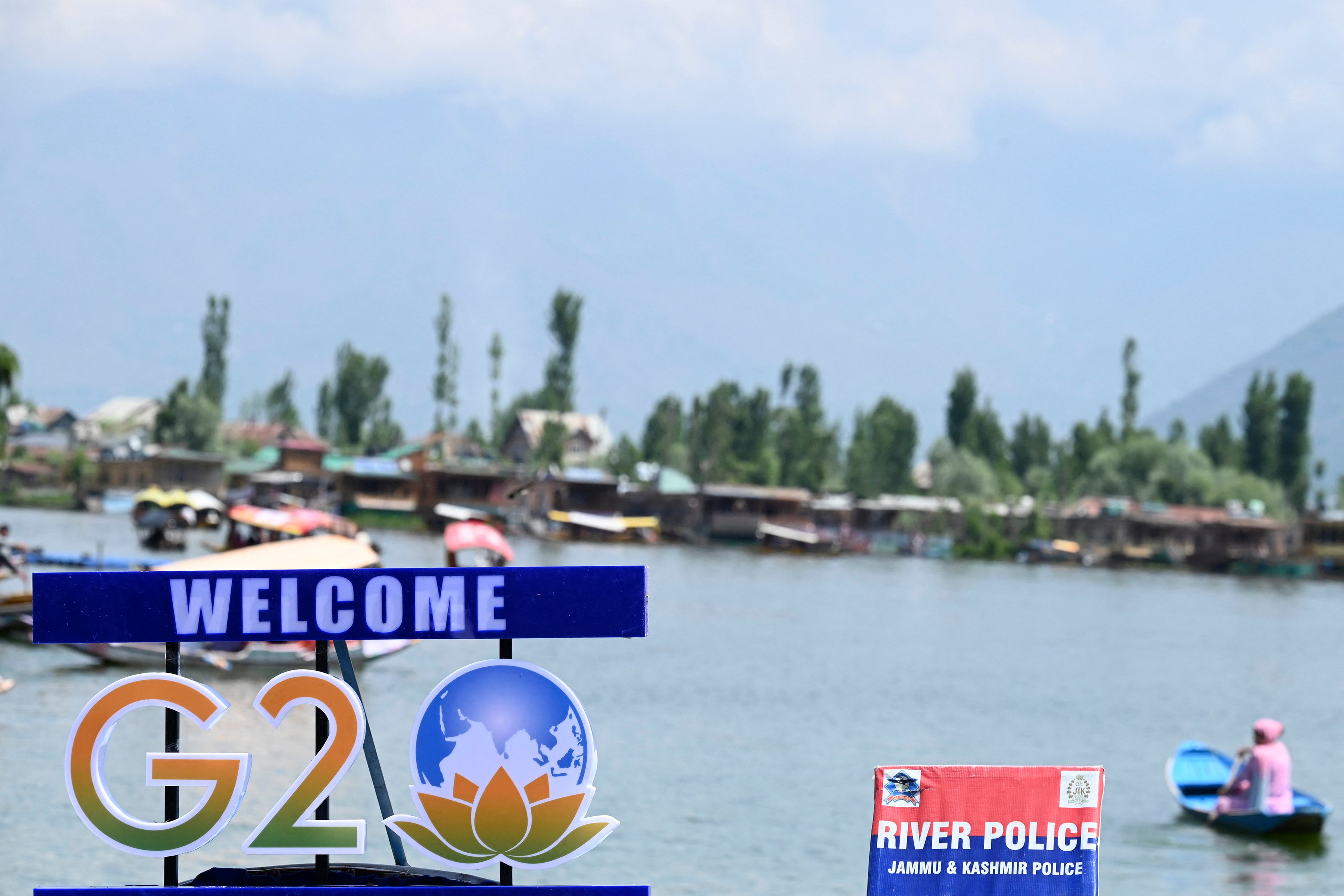 A G20 logo is pictured on a boat in Dal Lake ahead of the G20 meeting in Srinagar