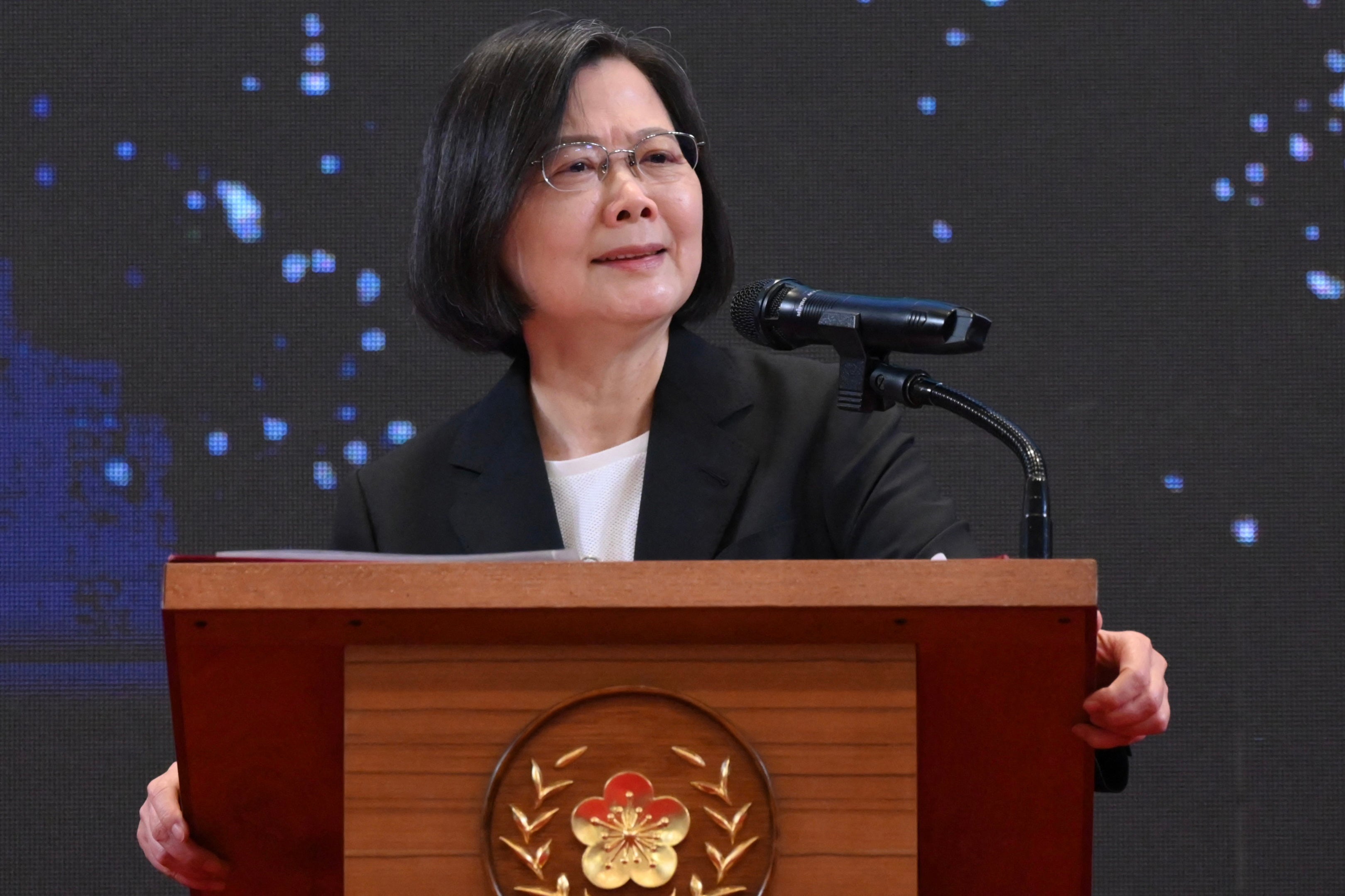 Taiwan's president Tsai Ing-wen speaks during a press conference on the seventh anniversary of her tenure