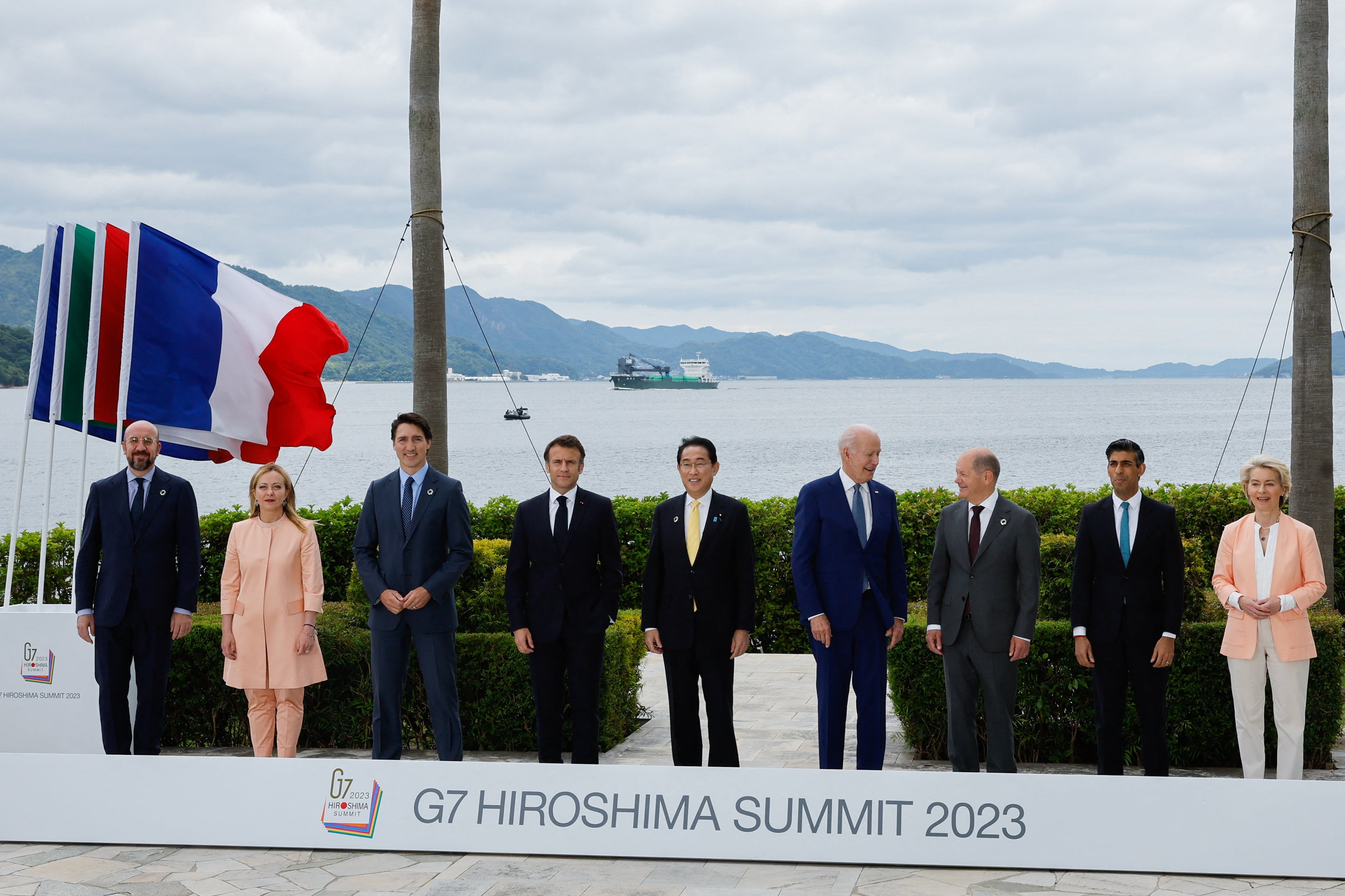 European Council president Charles Michel, Italy’s primer minister Giorgia Meloni, Canada’s prime minister Justin Trudeau, France’s president Emmanuel Macron, Japan’s prime minister Fumio Kishida, US president Joe Biden, German chancellor Olaf Scholz, Britain’s prime minister Rishi Sunak and European Commission president Ursula von der Leyen participate in a family photo with G7 leaders before their working lunch meeting on economic security at the Grand Prince Hotel in Hiroshima