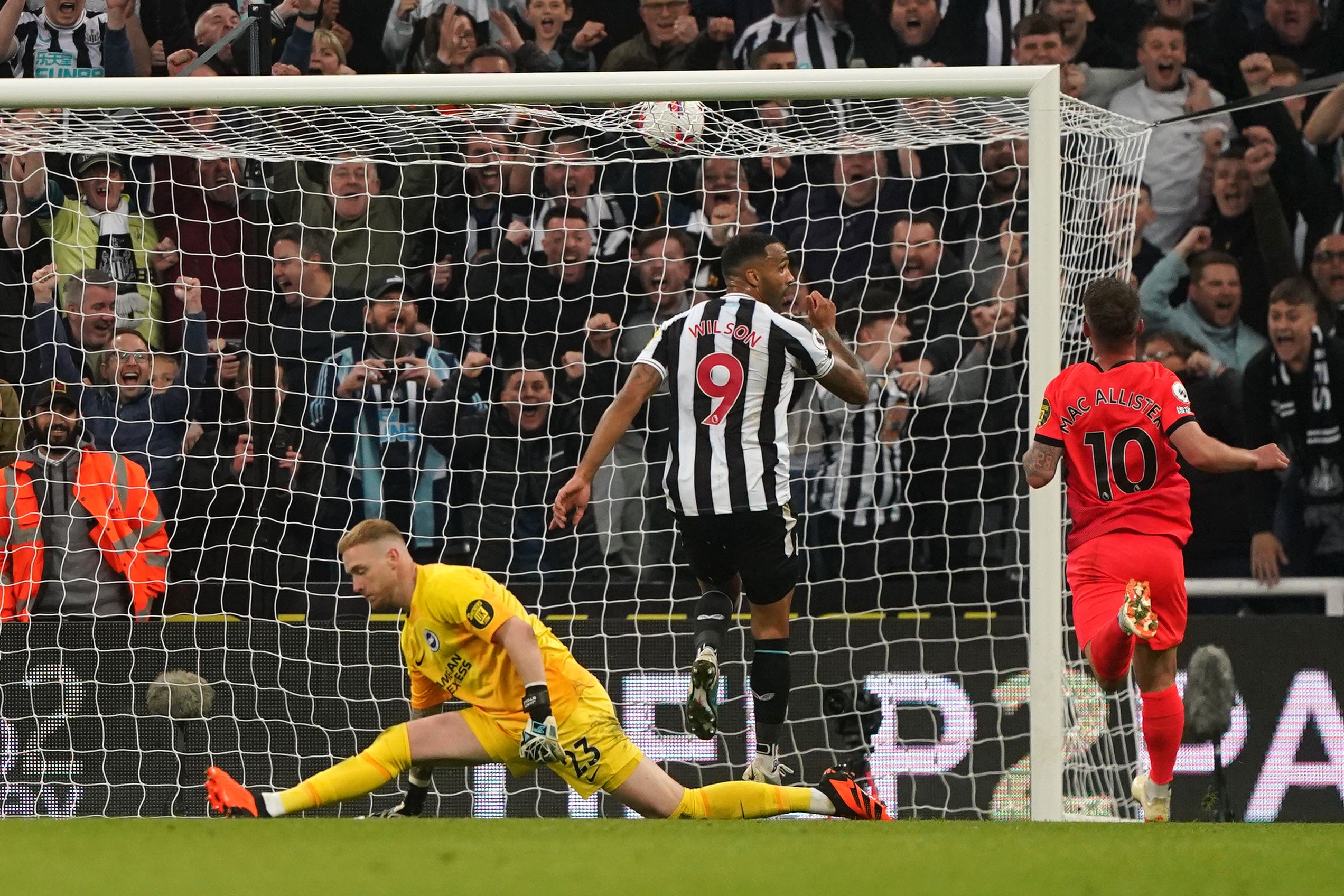 Striker Callum Wilson (centre) scores Newcastle’s third goal against Brighton (Owen Humphreys/PA)