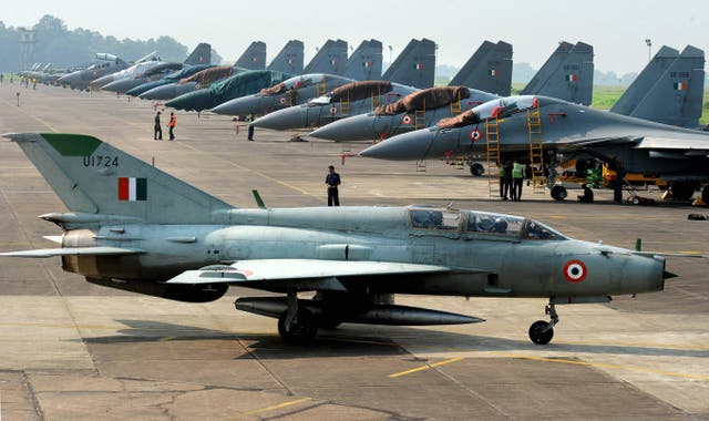 <p>File: An Indian Air Force (IAF) MIG-21 passes near  Sukhoi-30 fighter jets before a  drill for Air Force Day celebrations </p>