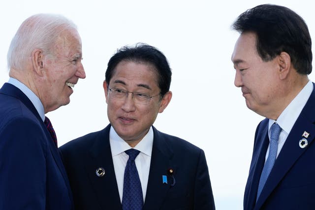 <p>FILE - U.S. President Joe Biden, left, talks with Japan’s Prime Minister Fumio Kishida (centre) and South Korean President Yoon Suk Yeoul </p>