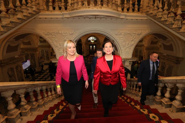 Sinn Fein vice president Michelle O’Neill (left) and president Mary Lou McDonald as the party celebrated success in the local government elections (Liam McBurney/PA)