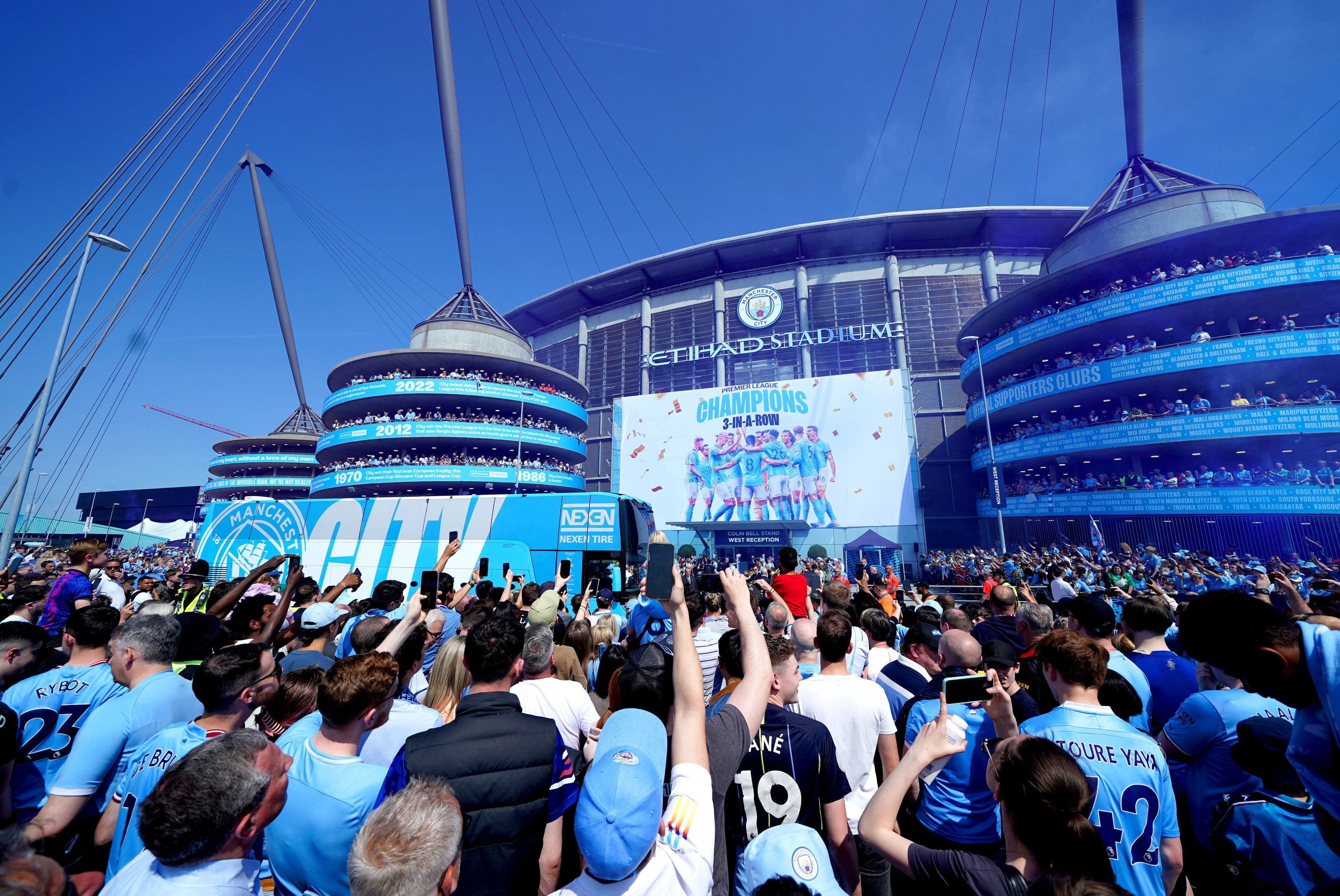 Manchester City fans outside the Etihad Stadium for their final home game of the season