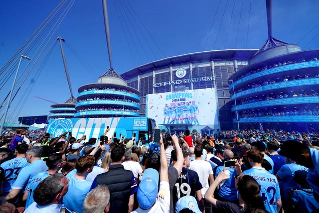 <p>Manchester City fans outside the Etihad Stadium for their final home game of the season </p>