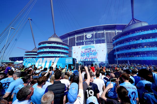 <p>Manchester City fans outside the Etihad Stadium for their final home game of the season </p>