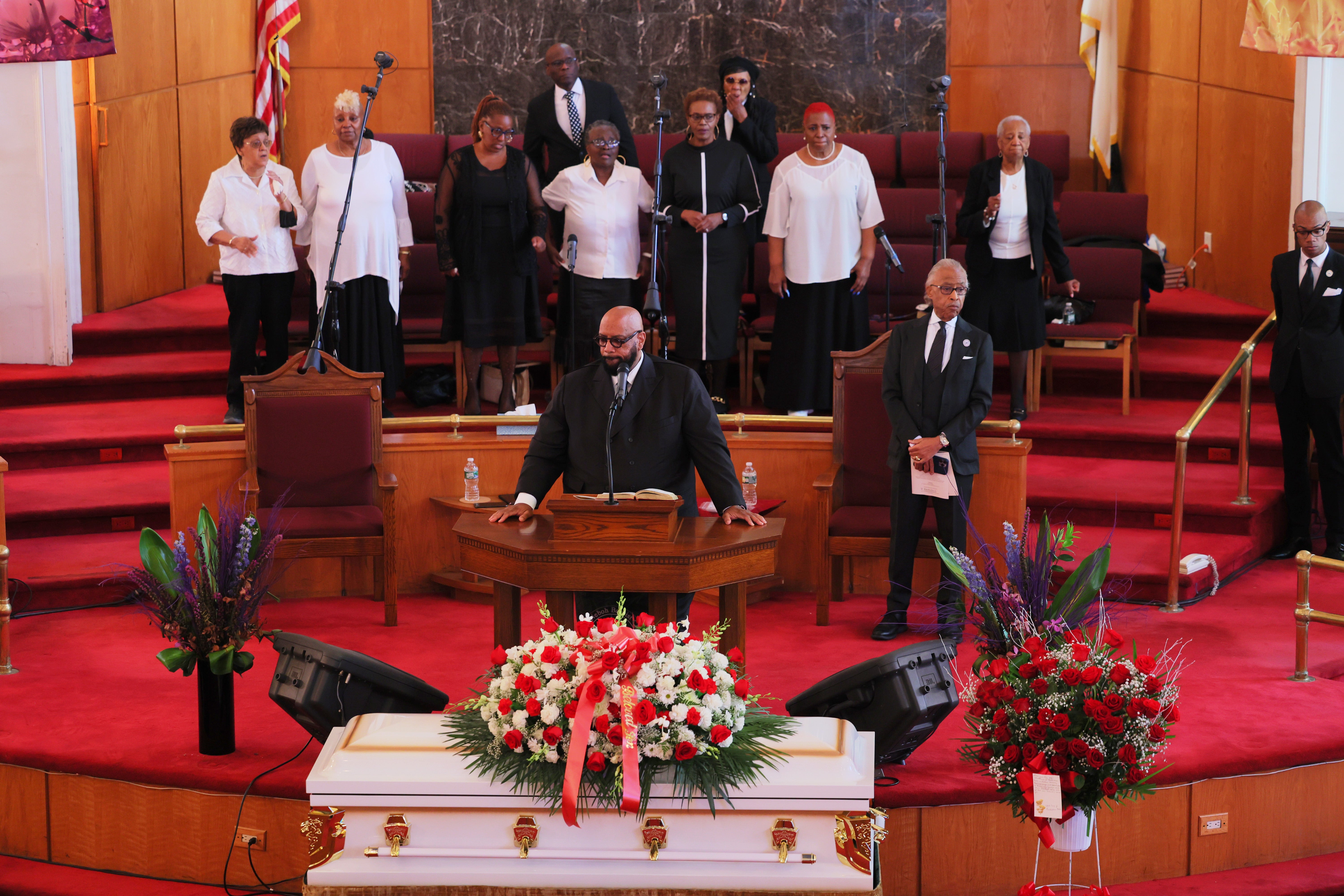 Rev Dr Johnnie Green presides over the public viewing and funeral service of Jordan Neely at Mount Neboh Baptist Church in Harlem on 19 May.