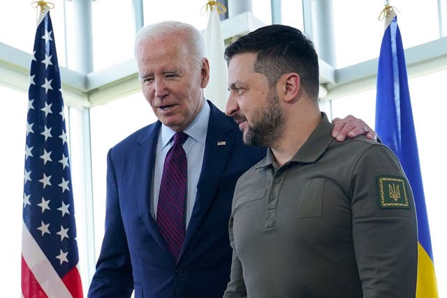 <p>US President Joe Biden and Ukraine’s President Volodymyr Zelensky in May </p>