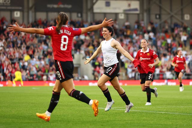 <p>Manchester United’s Lucia Garcia celebrates her late winner against Manchester City</p>