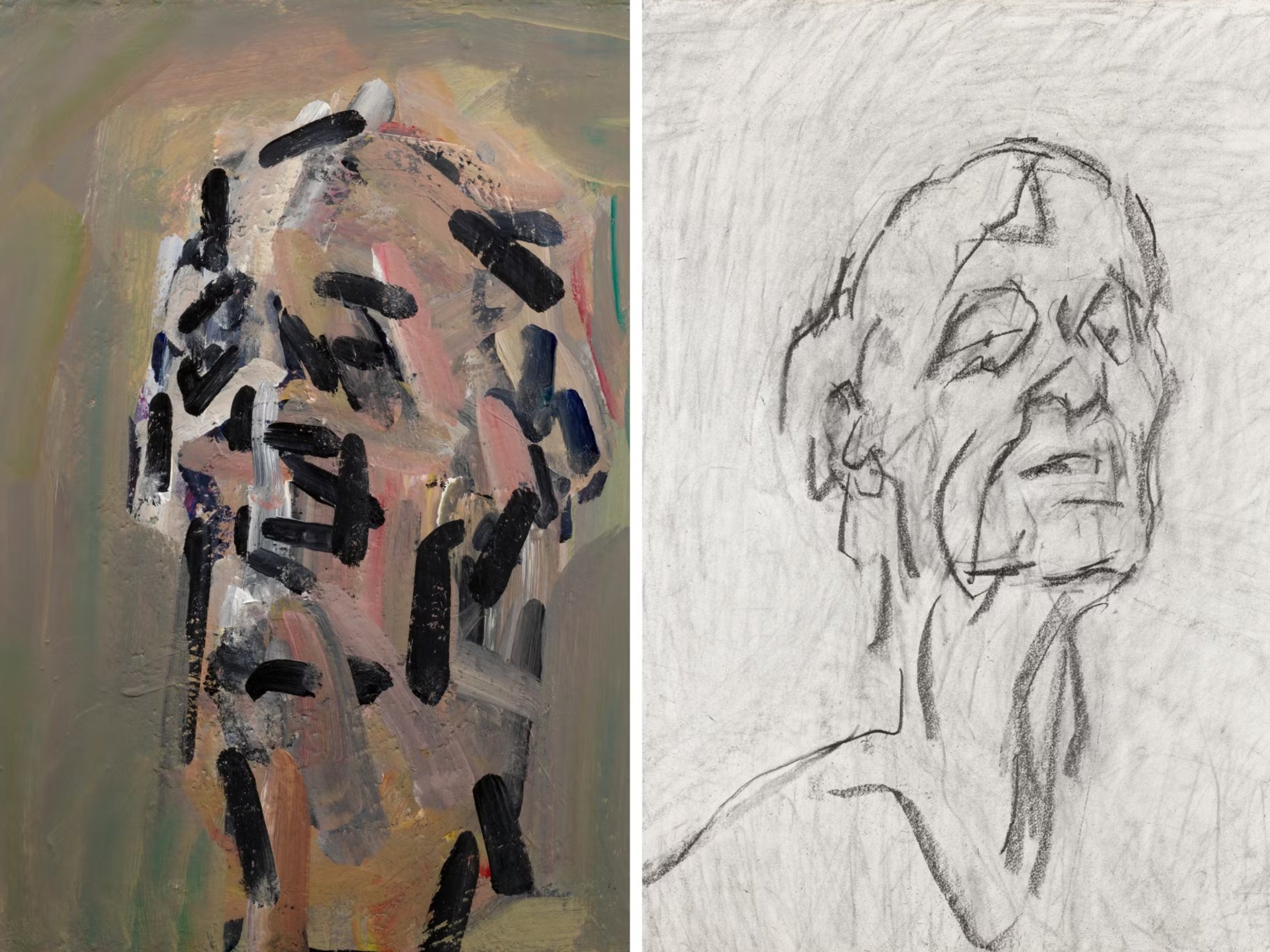 Frank Auerbach’s Self Portrait VII, acrylic on board (left), and Self Portrait 2022-2023, graphite on paper