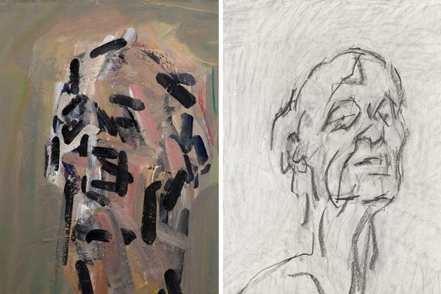 <p>Frank Auerbach’s Self Portrait VII, acrylic on board (left), and Self Portrait 2022-2023, graphite on paper</p>