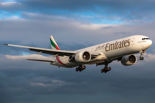 <p>An Emirates flight approaching Zurich Airport</p>