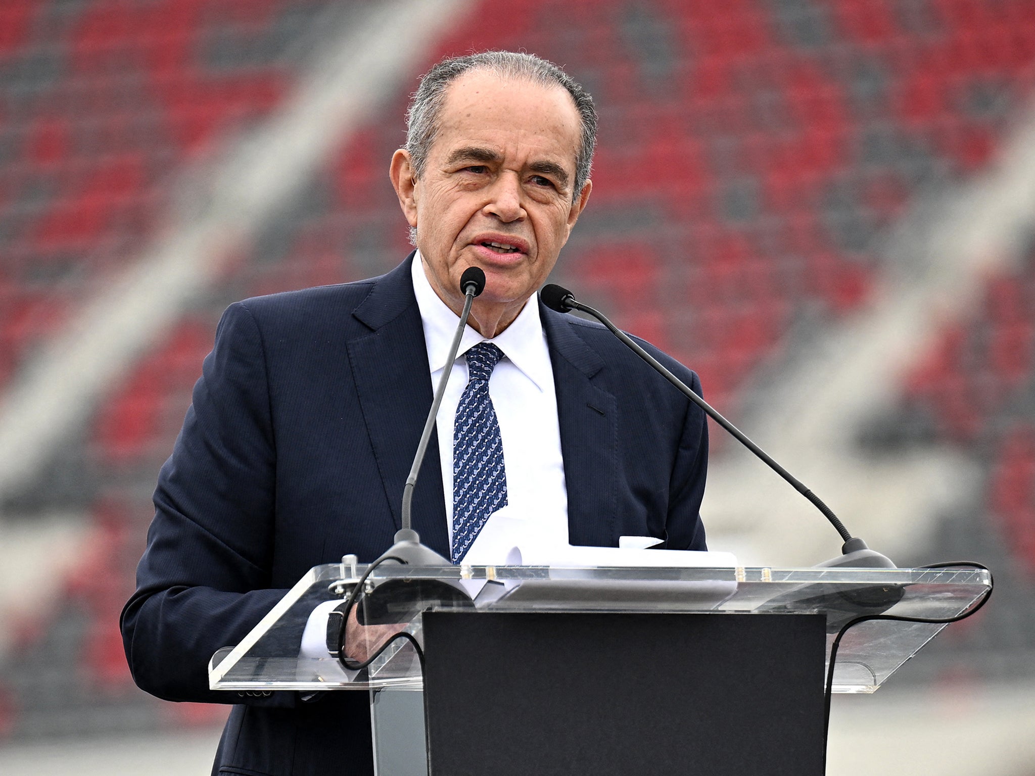 Mohamed Mansour speaks during a press conference at Snapdragon Stadium, 2023