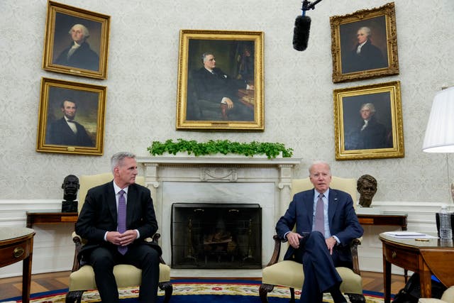 <p>President Joe Biden meets with House Speaker Kevin McCarthy of Calif., to discuss the debt limit in the Oval Office of the White House, Monday, May 22, 2023, in Washington. (AP Photo/Alex Brandon)</p>