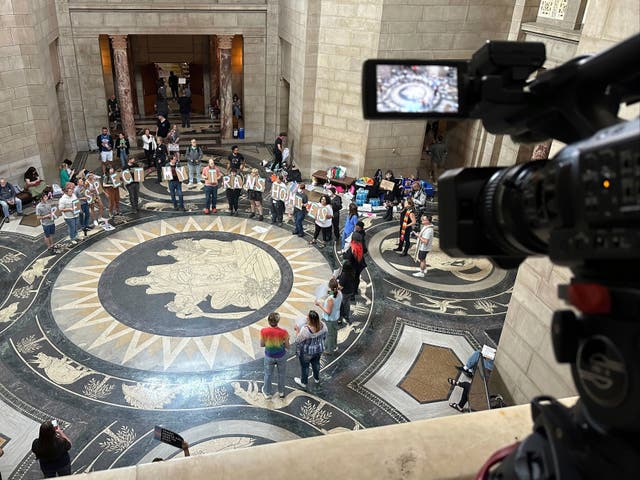 <p>Protesters gather at the Nebraska State Capitol on Friday 19 May 2023</p>
