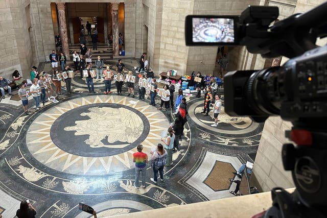 <p>Protesters gather at the Nebraska State Capitol on Friday 19 May 2023</p>