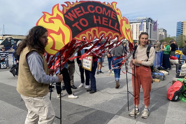 Protesters gathered outside Shell’s annual shareholder meeting on Tuesday. (Rebecca Speare-Cole/PA)
