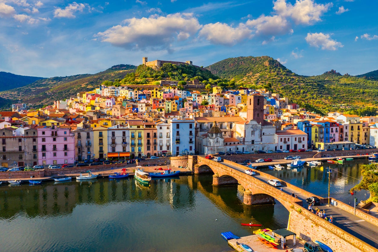 An aerial view of the beautiful village of Bosa in Sardinia