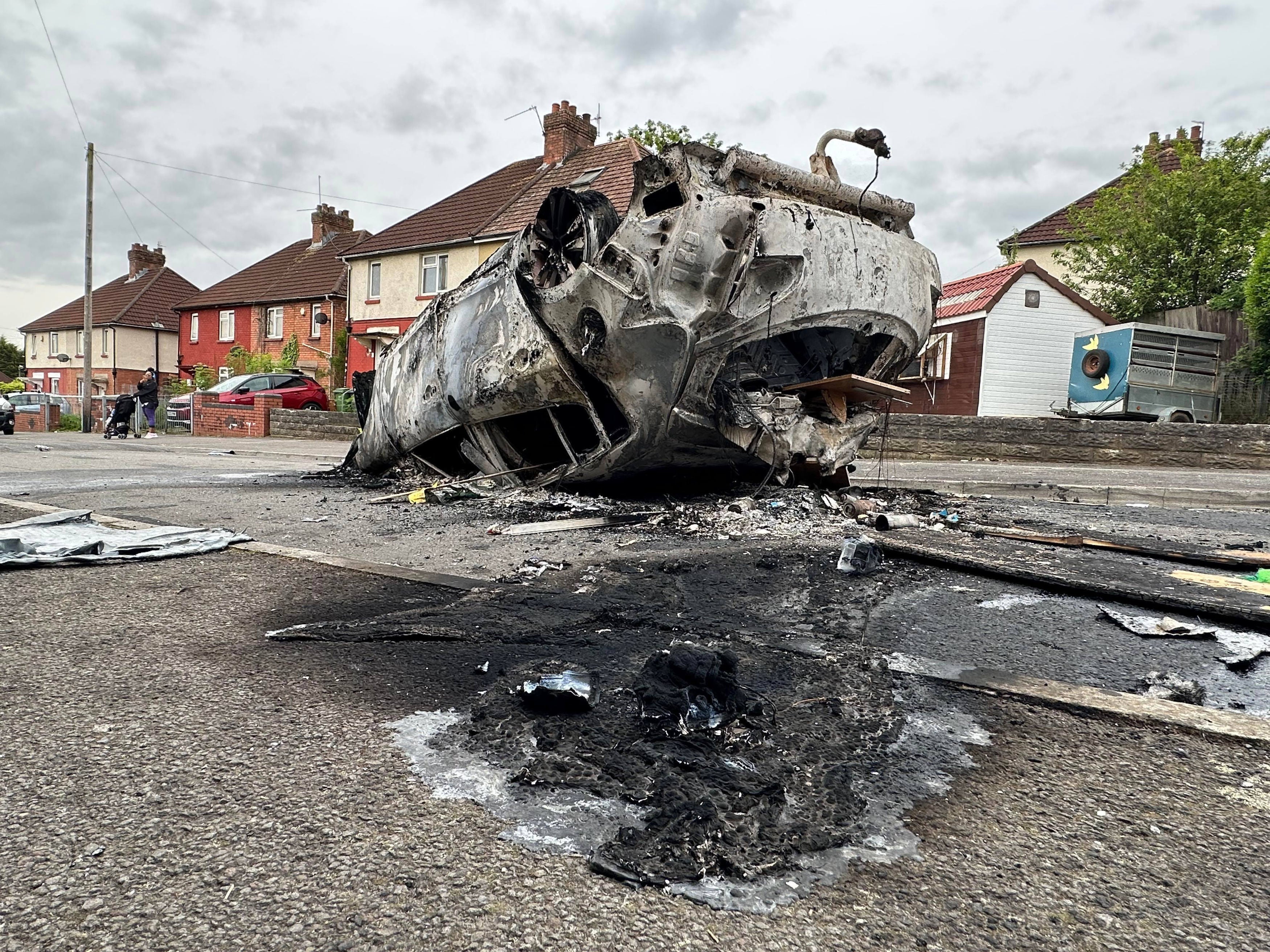 The scene in Ely, Cardiff, following the riot that broke out after two teenagers died in a crash