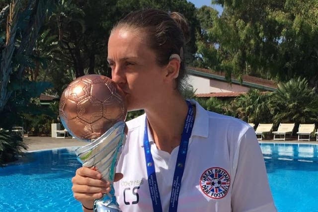 Player Claire Stancliffe celebrated the fundraising news on Twitter (England Deaf Women’s Football Team/PA)