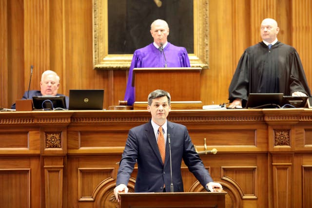 <p>South Carolina Senate Majority Leader Shane Massey, Republican from Edgefield, speaks in favor of the six-week abortion ban bill </p>